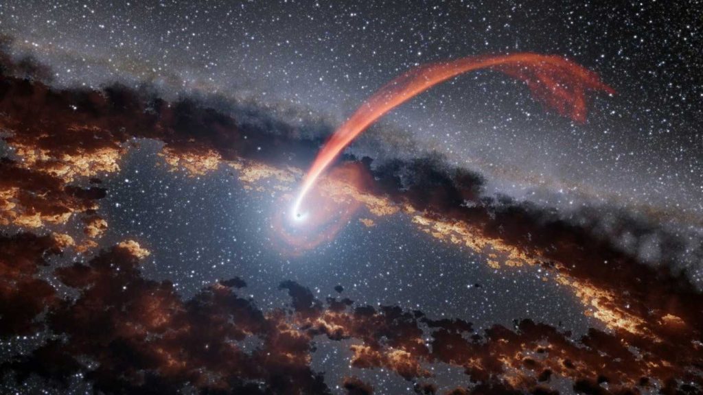 Cette illustration montre un flux lumineux de matière provenant d'une étoile, déchirée par un trou noir supermassif.