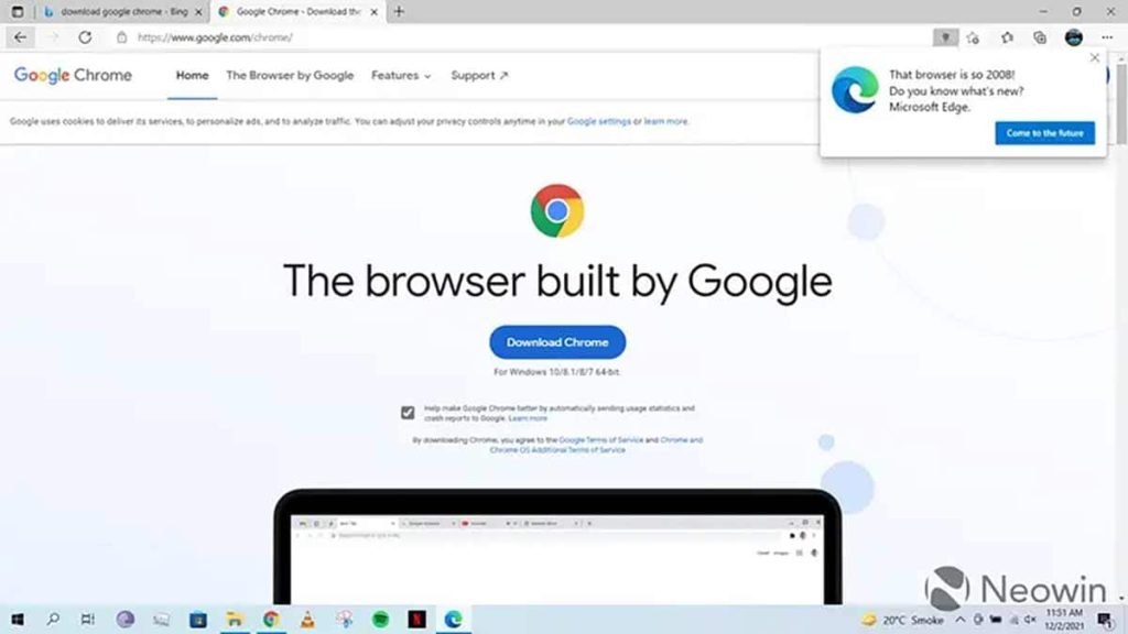 Microsoft Edge recourt à des publicités agaçantes pour tenter de vous convaincre de ne pas télécharger Google Chrome