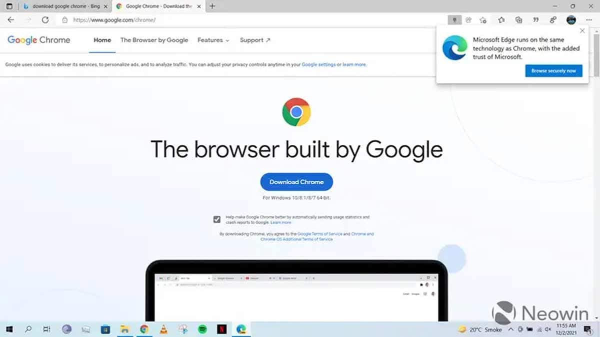 Microsoft Edge recourt à des publicités agaçantes pour tenter de vous convaincre de ne pas télécharger Google Chrome