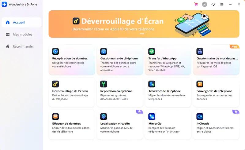 Étape 2 : Lancez le programme et sélectionnez l'option "Déverrouiller l'écran iCloud".