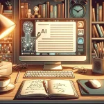 Illustration numérique d'un bureau chaleureux avec un ordinateur affichant une interface IA, une lampe et des livres.