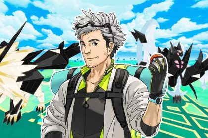 Professeur Willow tenant une Pokéball avec Dusk Mane Necrozma et Dawn Wings Necrozma en arrière-plan sous un ciel bleu.
