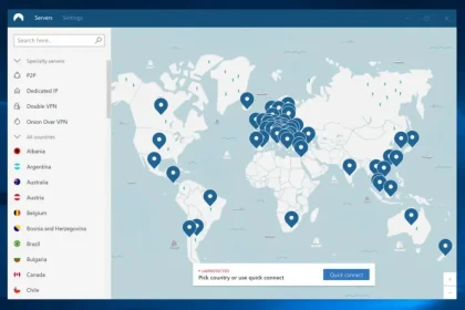 Carte des serveurs NordVPN dans le monde, montrant les options de connexion VPN sécurisée pour différents pays.