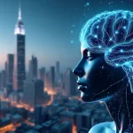 Illustration d'une intelligence artificielle futuriste représentée par un cerveau numérique avec des réseaux neuronaux lumineux, sur fond de paysage urbain moderne.
