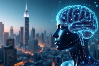 Illustration d'une intelligence artificielle futuriste représentée par un cerveau numérique avec des réseaux neuronaux lumineux, sur fond de paysage urbain moderne.
