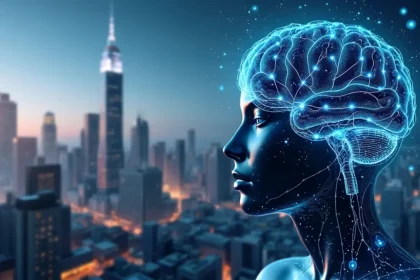 Illustration d'une intelligence artificielle futuriste représentée par un cerveau numérique avec des réseaux neuronaux lumineux, sur fond de paysage urbain moderne.