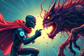 Un super-héros antivirus affronte un monstre ransomware féroce dans un duel épique de cybersécurité.