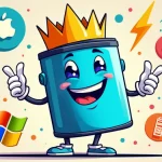 Une batterie de laptop personnifiée, souriante et portant une couronne, entourée d'icônes représentant Apple, Windows et des symboles d'énergie.