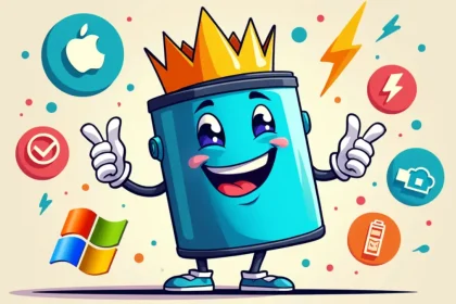 Une batterie de laptop personnifiée, souriante et portant une couronne, entourée d'icônes représentant Apple, Windows et des symboles d'énergie.