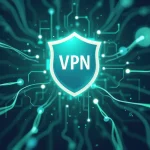 Un bouclier marqué 'VPN' avec des connexions numériques illustrant la protection des données et la sécurité en ligne.