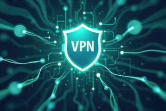 Un bouclier marqué 'VPN' avec des connexions numériques illustrant la protection des données et la sécurité en ligne.