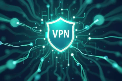 Un bouclier marqué 'VPN' avec des connexions numériques illustrant la protection des données et la sécurité en ligne.