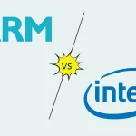 Comparaison entre ARM et Intel, avec logos des deux entreprises illustrant la compétition dans le secteur des processeurs.