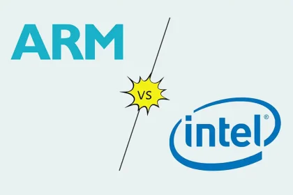Comparaison entre ARM et Intel, avec logos des deux entreprises illustrant la compétition dans le secteur des processeurs.