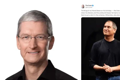 Tim Cook, PDG d'Apple, se souvient de Steve Jobs avec un hommage sur les réseaux sociaux, illustré par une photo de Jobs sur scène.