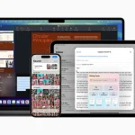iPhone, iPad et Mac affichant des outils Apple Intelligence pour recherche, rédaction et gestion de contenu