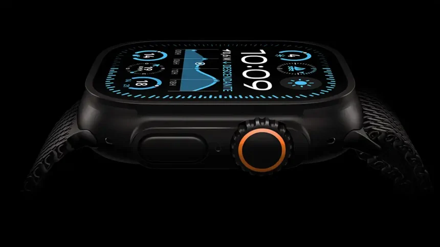 Gros plan de l'Apple Watch Ultra 2 avec écran et bouton Digital Crown