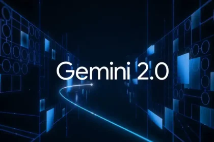 Interface futuriste avec l'inscription Gemini 2.0 de Google, représentant son outil d'intelligence artificielle pour optimiser les recherches complexes.