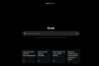 Interface du chatbot d'intelligence artificielle Grok, affichant des options interactives et un champ de recherche sur un écran sombre.