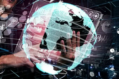 Représentation numérique d’un globe terrestre avec des interfaces de données et des graphiques interactifs, illustrant l’actualité et l’intelligence artificielle.