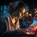 Jeune femme de la Génération Z utilisant un ordinateur portable avec des effets visuels d'intelligence artificielle, symbolisant l'intégration de l'IA dans le quotidien.