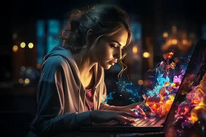 Jeune femme de la Génération Z utilisant un ordinateur portable avec des effets visuels d'intelligence artificielle, symbolisant l'intégration de l'IA dans le quotidien.