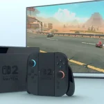 Console Nintendo Switch 2 noire avec Joy-Con détachés, devant un écran affichant un jeu de course.
