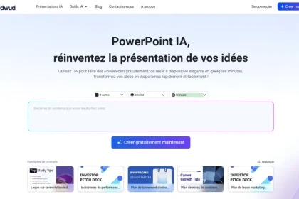Interface de Vidwud AI affichant un générateur de présentations PowerPoint automatisé, avec une zone de saisie de texte et des modèles de diapositives suggérés.