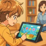 Enfant de 6 à 8 ans utilisant une tablette éducative dans un environnement familial.