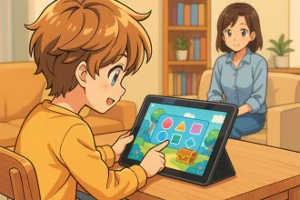 Enfant de 6 à 8 ans utilisant une tablette éducative dans un environnement familial.