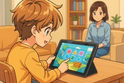 Enfant de 6 à 8 ans utilisant une tablette éducative dans un environnement familial.