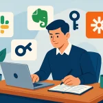 Un homme concentré travaille sur un ordinateur portable entouré d’icônes d’applications de productivité.