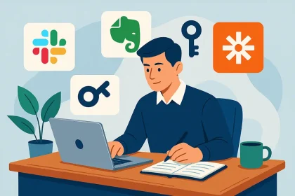 Un homme concentré travaille sur un ordinateur portable entouré d’icônes d’applications de productivité.