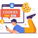 Illustration d’un jeune homme consultant son téléphone, devant une bannière sur les cookies tiers affichée sur un écran.
