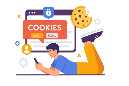 Illustration d’un jeune homme consultant son téléphone, devant une bannière sur les cookies tiers affichée sur un écran.