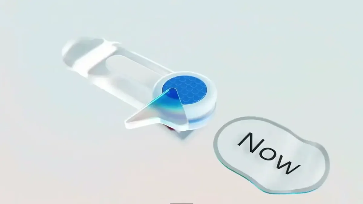 Interface graphique stylisée représentant une interaction utilisateur avec le bouton "Now" sur fond clair, associée à l’IA des Copilot+ PCs.