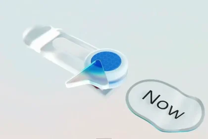 Interface graphique stylisée représentant une interaction utilisateur avec le bouton "Now" sur fond clair, associée à l’IA des Copilot+ PCs.