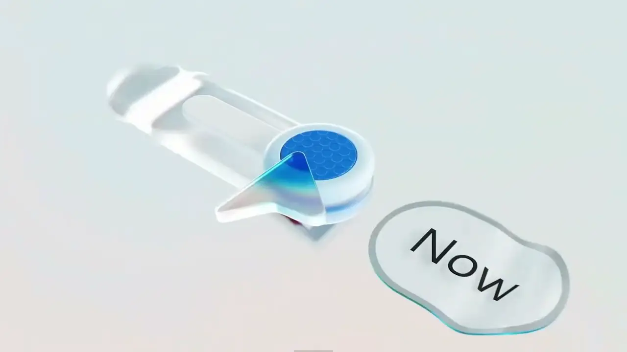 Interface graphique stylisée représentant une interaction utilisateur avec le bouton "Now" sur fond clair, associée à l’IA des Copilot+ PCs.