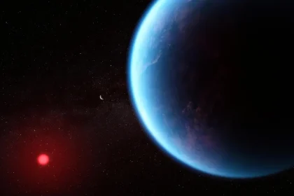 Vue d’artiste de l’exoplanète K2-18b et de son étoile hôte dans l’espace lointain