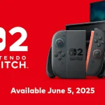 Console Nintendo Switch 2 noire avec ses manettes Joy-Con, devant un écran, disponible le 5 juin 2025.