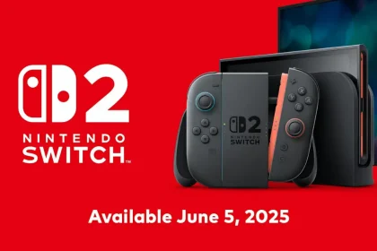 Console Nintendo Switch 2 noire avec ses manettes Joy-Con, devant un écran, disponible le 5 juin 2025.