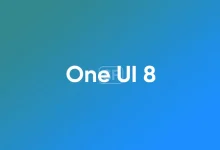 Écran de présentation de One UI 8 avec fond dégradé bleu et vert