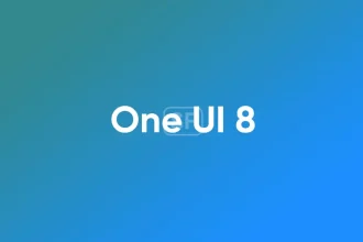 Écran de présentation de One UI 8 avec fond dégradé bleu et vert