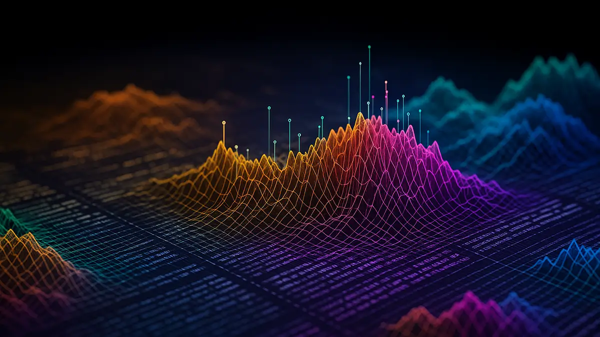 Visualisation 3D d’algorithmes générés par IA, illustrant les performances d’AlphaEvolve dans la modélisation de données.