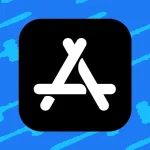 Logo de l’App Store stylisé en blanc sur fond noir, sur fond bleu illustré de maillets de justice