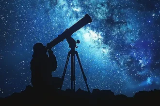 Silhouette d’un astronome observant un ciel étoilé à l’aide d’un télescope sous la Voie lactée