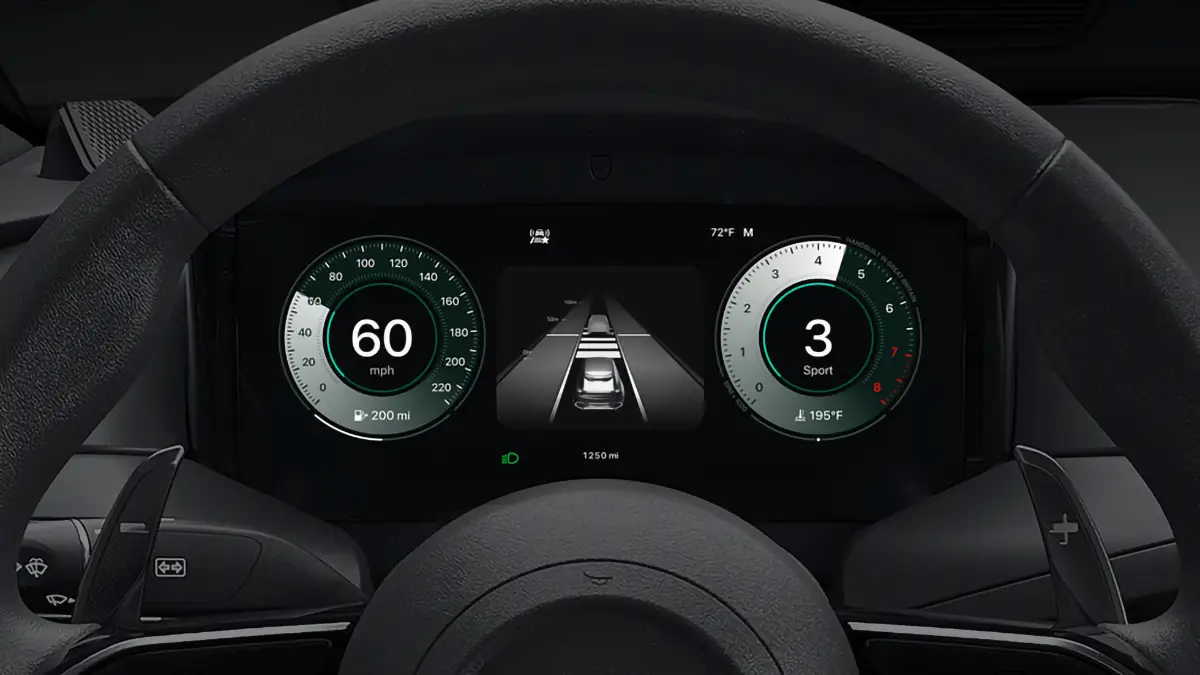 Apple CarPlay Ultra dashboard display with speedometer, ADAS lane view and tachometer inside steering wheel