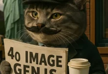 Chat anthropomorphe tenant un journal affichant la capacité GPT-4o intégrée à Microsoft Copilot pour générer des images réalistes.