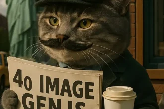 Chat anthropomorphe tenant un journal affichant la capacité GPT-4o intégrée à Microsoft Copilot pour générer des images réalistes.