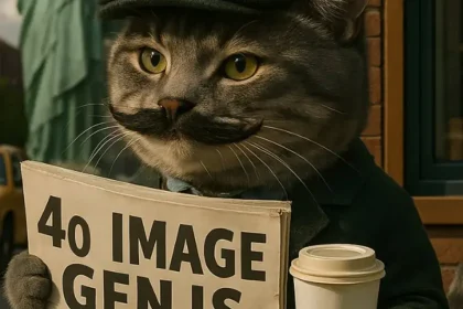 Chat anthropomorphe tenant un journal affichant la capacité GPT-4o intégrée à Microsoft Copilot pour générer des images réalistes.